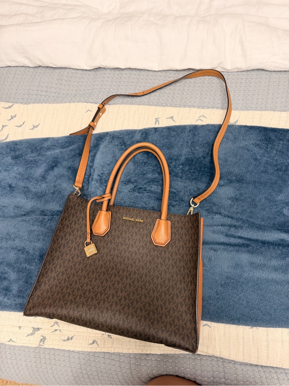 Michael Kors Brown MK Logo Satchel with Tan Trim